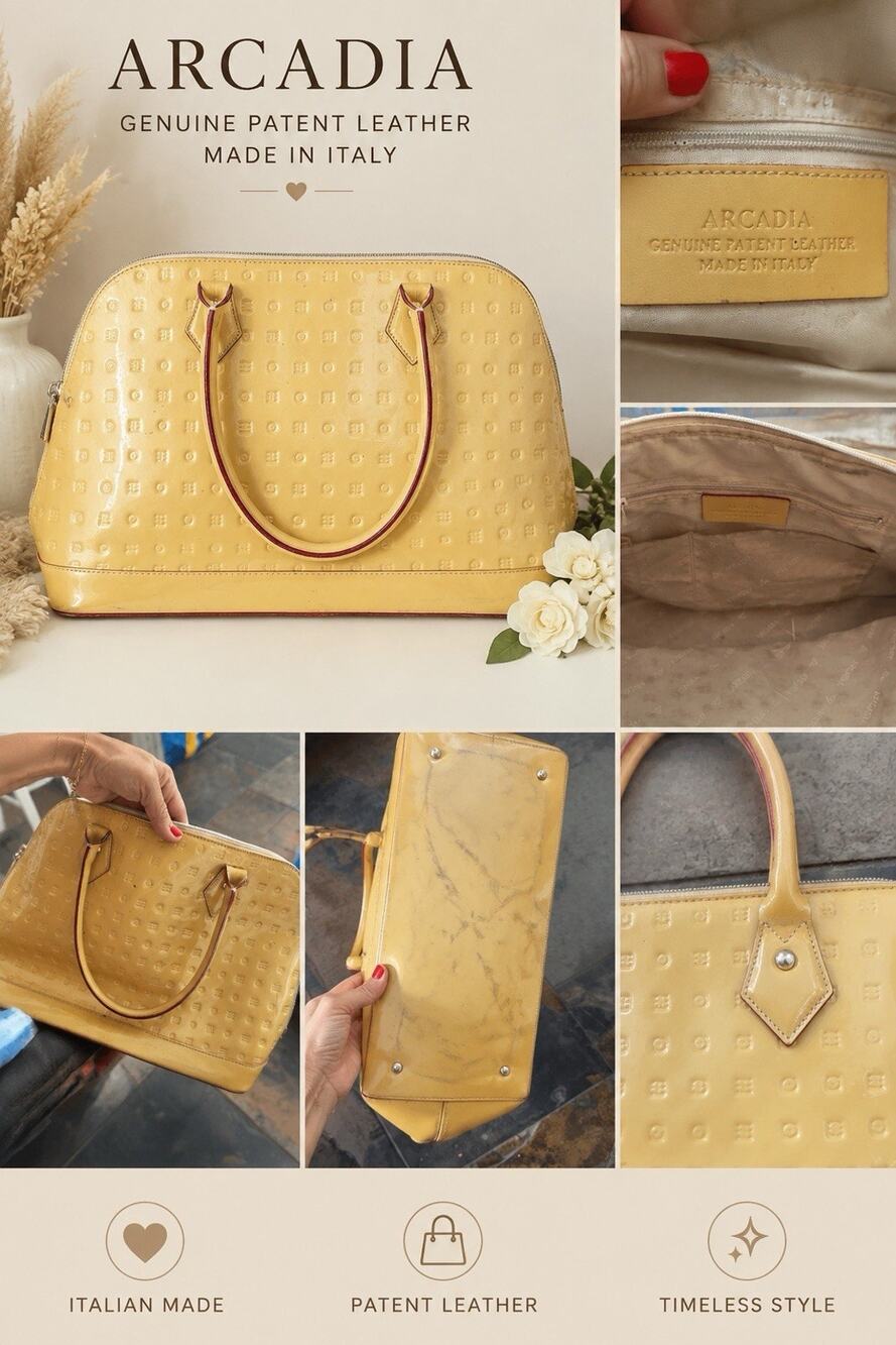 Arcadia Italian Patent Leather Embossed Tote Bag Yellow Gold Made in Italy